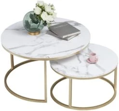 Yusong Round Nesting Coffee Tables Set Of 2, Living Room Accent Center Tables With Marble Pattern Wooden Tabletops And Gold Metal Frame, Modern Side End Tables For Bedroom, White -Best Furniture Store 419K6dCh8jL. AC