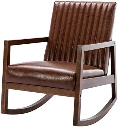 HNY Mid Century Rocking Nursery Chair With Wood Frames, Faux Leather Upholstered Farmhouse Living Room Armchair, For Living Room Bedroom, Light Brown 12 HNY Mid Century Rocking Nursery Chair With Wood Frames, Faux Leather Upholstered Farmhouse Living Room Armchair, For Living Room Bedroom, Light Brown - Image 12
