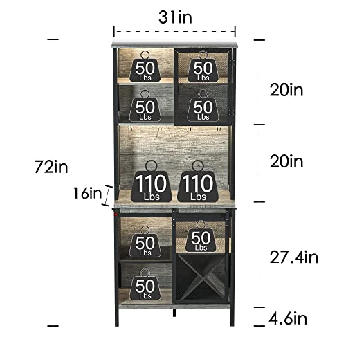 QNICE 71" LED Lights Industrial Bar Cabinet/Dining Room Hutch With Sliding Barn Door/Freestanding Liquor Pantry With Wine Rack/Rustic Oak 2 QNICE 71" LED Lights Industrial Bar Cabinet/Dining Room Hutch With Sliding Barn Door/Freestanding Liquor Pantry With Wine Rack/Rustic Oak - Image 2