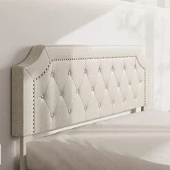 Queen Size Bed Frame Upholstered Low Profile Traditional Platform With Tufted And Nail Headboard/No Box Spring Needed/No Bed Skirt Needed/Linen Fabric Upholstery/Color Of Sand 9 Queen Size Bed Frame Upholstered Low Profile Traditional Platform With Tufted And Nail Headboard/No Box Spring Needed/No Bed Skirt Needed/Linen Fabric Upholstery/Color Of Sand -Best Furniture Store 419e1GIYDmL