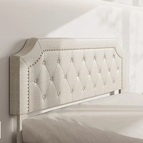 Queen Size Bed Frame Upholstered Low Profile Traditional Platform With Tufted And Nail Headboard/No Box Spring Needed/No Bed Skirt Needed/Linen Fabric Upholstery/Color Of Sand 3 Queen Size Bed Frame Upholstered Low Profile Traditional Platform With Tufted And Nail Headboard/No Box Spring Needed/No Bed Skirt Needed/Linen Fabric Upholstery/Color Of Sand - Image 3