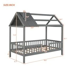 MERITLINE Wood Twin Bed House Bed For Kids, Twin Size Platform Bed With Roof And Fence, Kids House Bed For Girls Boys,Gray