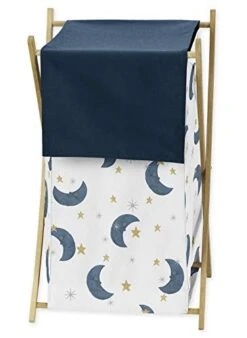 Sweet Jojo Designs Moon And Star Baby Kid Clothes Laundry Hamper - Navy Blue And Gold Watercolor Celestial Sky