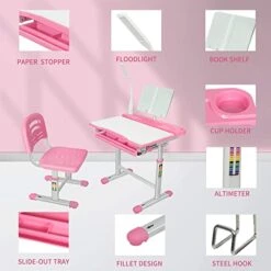 Diroan Kids Multifunctional Desk And Chair Set, Height Adjustable Children School Study Desk With Tilt Desktop, Metal Hook And Storage Drawer For Boys Girls