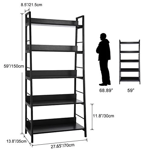 BATHWA Industrial 5-Tier Ladder Bookshelf Wood And Metal Bookcase Black Organizer Stand Rack Storage Ladder Shelves For Living Room Office Bathroom Kitchen, 59'' Height 5 BATHWA Industrial 5-Tier Ladder Bookshelf Wood And Metal Bookcase Black Organizer Stand Rack Storage Ladder Shelves For Living Room Office Bathroom Kitchen, 59'' Height - Image 5