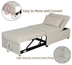 Anwickhomk Modern Folding Ottoman With Adjustable Backrest，Linen Futon Sofa Bed Chair With Memory Foam Headrest，Sleeper Sofa For Small Space，Livingroom，Bedroom，Apartment（Beige） -Best Furniture Store 41AnQbtu3ML
