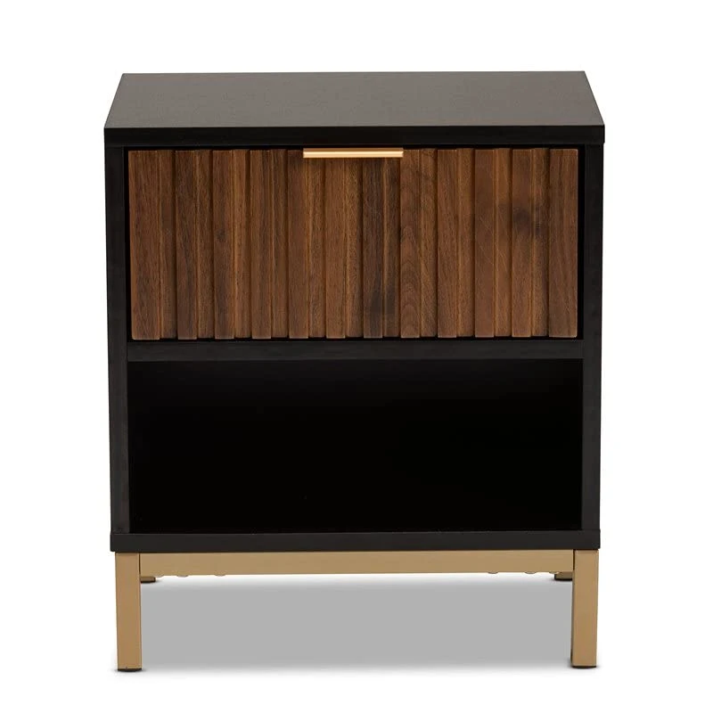 Baxton Studio Uriel Mid-Century Modern Transitional Two-Tone Natural Brown And Black Finished Wood And Brushed Gold Metal 1-Drawer Nightstand 3 Baxton Studio Uriel Mid-Century Modern Transitional Two-Tone Natural Brown And Black Finished Wood And Brushed Gold Metal 1-Drawer Nightstand - Image 3