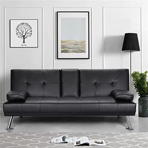 JAHH Faux Leather Futon Multifunctional Convertible Folding Bed Sofa With Cupholders Pillows 3 JAHH Faux Leather Futon Multifunctional Convertible Folding Bed Sofa With Cupholders Pillows - Image 3