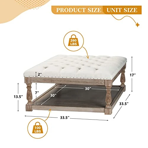 HULALA HOME Large Square Ottoman Coffee Table For Living Room, Button Tufted Cocktail Ottoman With Shelf & Solid Wood Legs, Upholstered Farmhouse Footrest Stool, Beige 2 HULALA HOME Large Square Ottoman Coffee Table For Living Room, Button Tufted Cocktail Ottoman With Shelf & Solid Wood Legs, Upholstered Farmhouse Footrest Stool, Beige - Image 2