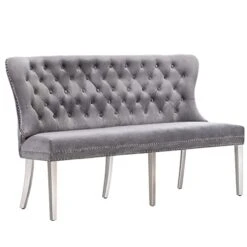 UDAX Velvet Bench With Back, Upholstered Armless Couch Settee With Button Tufted Backrest Nailhead Around, Light Grey