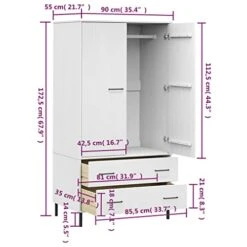 Loibinfen Wooden Wardrobe Closets With 2 Drawers And 1 Large Compartment, Storage Wardrobe Cabinet Armoire Clothes Cabinet Cupboard With Metal Legs For Bedroom, White 35.4"x21.7"x67.9"(K)