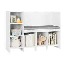 HOUSUIT Kids Bookshelf With Reading Nook, 6-Cubby Bookcase With Removable Seat Cushion, Storage Organizer With Adjustable Shelf For Playroom, Bedroom, Entryway, 43.3" L X 15.7" D X 31.7" H, White -Best Furniture Store 41Bofo4eUrL