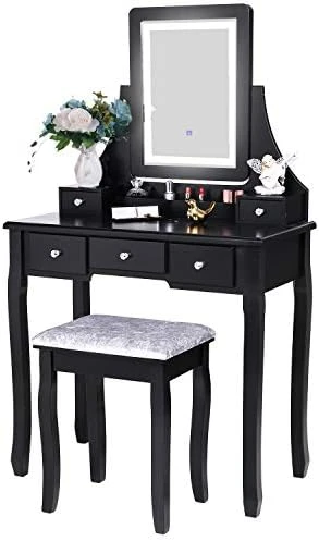 Anity Set With Lighted Mirror, 10 LED Dimmable Bulbs, Cushioned Stool, Makeup Vanity Makeup Table Dressing Table 5 Drawers 2 Dividers Removable Organizers White FST08W 7 Anity Set With Lighted Mirror, 10 LED Dimmable Bulbs, Cushioned Stool, Makeup Vanity Makeup Table Dressing Table 5 Drawers 2 Dividers Removable Organizers White FST08W - Image 7