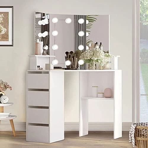 Corner Vanity Desk With Lighted Mirror & Power Strip,White Makeup Vanity Table With Lights,42 Inch Corner Vanity Mirror With Lights And 4 Drawer, 3 Lighting Modes, Brightness Adjustable 9 Corner Vanity Desk With Lighted Mirror & Power Strip,White Makeup Vanity Table With Lights,42 Inch Corner Vanity Mirror With Lights And 4 Drawer, 3 Lighting Modes, Brightness Adjustable - Image 9