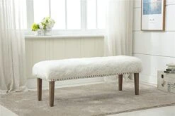 White Faux Fur Ottoman Bench Upholstered Bench For Bedroom/Living Room/Entryway Decorative Accent Bench With Wood Legs -Best Furniture Store 41Bv2PInntS