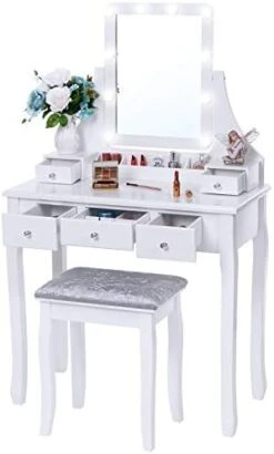 Anity Set With Lighted Mirror, 10 LED Dimmable Bulbs, Cushioned Stool, Makeup Vanity Makeup Table Dressing Table 5 Drawers 2 Dividers Removable Organizers White FST08W 16 Anity Set With Lighted Mirror, 10 LED Dimmable Bulbs, Cushioned Stool, Makeup Vanity Makeup Table Dressing Table 5 Drawers 2 Dividers Removable Organizers White FST08W -Best Furniture Store 41Bvfs2tgQL. AC