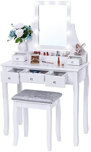 Anity Set With Lighted Mirror, 10 LED Dimmable Bulbs, Cushioned Stool, Makeup Vanity Makeup Table Dressing Table 5 Drawers 2 Dividers Removable Organizers White FST08W 8 Anity Set With Lighted Mirror, 10 LED Dimmable Bulbs, Cushioned Stool, Makeup Vanity Makeup Table Dressing Table 5 Drawers 2 Dividers Removable Organizers White FST08W - Image 8