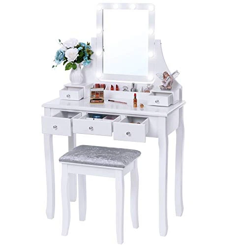 Anity Set With Lighted Mirror, 10 LED Dimmable Bulbs, Cushioned Stool, Makeup Vanity Makeup Table Dressing Table 5 Drawers 2 Dividers Removable Organizers White FST08W 1 Anity Set With Lighted Mirror, 10 LED Dimmable Bulbs, Cushioned Stool, Makeup Vanity Makeup Table Dressing Table 5 Drawers 2 Dividers Removable Organizers White FST08W