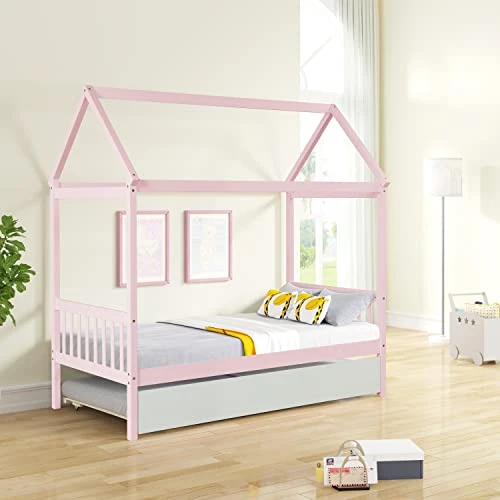 Harper & Bright Designs Twin House Bed With Trundle Bed, Wood Twin Size Daybed For Girls Boys,Kids Platform Bed Frame With Roof Twin Cabin Bed For Bedroom,Pink+White 2 Harper & Bright Designs Twin House Bed With Trundle Bed, Wood Twin Size Daybed For Girls Boys,Kids Platform Bed Frame With Roof Twin Cabin Bed For Bedroom,Pink+White - Image 2
