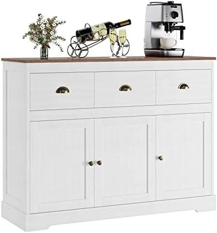 Keyluv Buffet Cabinet Storage Kitchen Cabinet Sideboard Farmhouse Buffet Server Bar Wine Cabinet With 3 Drawers & 3 Doors Adjustable Shelves Console Table For Dining Living Room Cupboard, Grey Wash 7 Keyluv Buffet Cabinet Storage Kitchen Cabinet Sideboard Farmhouse Buffet Server Bar Wine Cabinet With 3 Drawers & 3 Doors Adjustable Shelves Console Table For Dining Living Room Cupboard, Grey Wash - Image 7