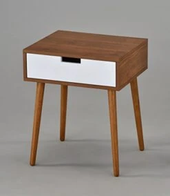 Light Walnut/White Side End Table Nighstand With Drawer 22.5" H