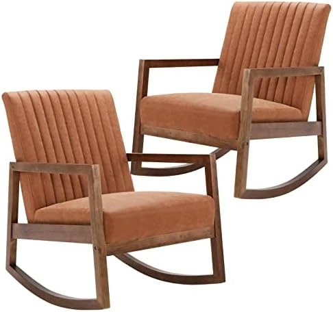 HNY Mid Century Rocking Nursery Chair With Wood Frames, Faux Leather Upholstered Farmhouse Living Room Armchair, For Living Room Bedroom, Light Brown 9 HNY Mid Century Rocking Nursery Chair With Wood Frames, Faux Leather Upholstered Farmhouse Living Room Armchair, For Living Room Bedroom, Light Brown - Image 9