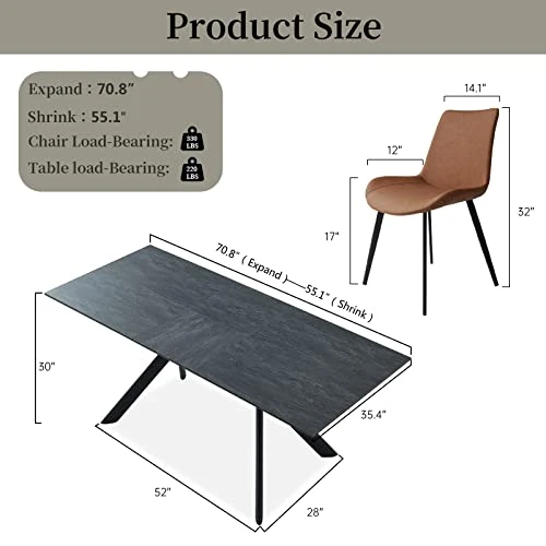 Jiexi Extendable Dining Table Set For 6-8, Rectangular MDF Slate Stone Color Top With 6 Faux Leather Dining, Modern Kitchen Table With Extension Leaf, Extendable 55'' To 71'' For Kitchen Restaurant 2 Jiexi Extendable Dining Table Set For 6-8, Rectangular MDF Slate Stone Color Top With 6 Faux Leather Dining, Modern Kitchen Table With Extension Leaf, Extendable 55'' To 71'' For Kitchen Restaurant - Image 2