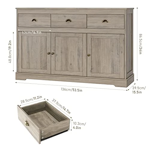 Keyluv Buffet Cabinet Storage Kitchen Cabinet Sideboard Farmhouse Buffet Server Bar Wine Cabinet With 3 Drawers & 3 Doors Adjustable Shelves Console Table For Dining Living Room Cupboard, Grey Wash 3 Keyluv Buffet Cabinet Storage Kitchen Cabinet Sideboard Farmhouse Buffet Server Bar Wine Cabinet With 3 Drawers & 3 Doors Adjustable Shelves Console Table For Dining Living Room Cupboard, Grey Wash - Image 3