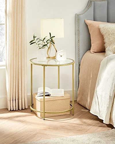 VASAGLE Round Side Table, Glass End Table With Metal Frame, Gold Coffee Table With Modern Style For Living Room, Balcony, Bedroom 4 VASAGLE Round Side Table, Glass End Table With Metal Frame, Gold Coffee Table With Modern Style For Living Room, Balcony, Bedroom - Image 4