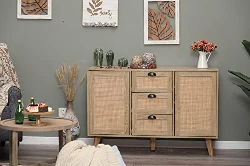MAISON ARTS Buffet Sideboard Rattan Storage Cabinet With 3 Drawers And 2 Doors & Shelves, Kitchen Cabinet Buffet Cupboard Table With Spacious Table Top For Kitchen Dining Room Living Room 8 MAISON ARTS Buffet Sideboard Rattan Storage Cabinet With 3 Drawers And 2 Doors & Shelves, Kitchen Cabinet Buffet Cupboard Table With Spacious Table Top For Kitchen Dining Room Living Room - Image 8