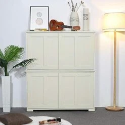 Yaheetech 2pcs Stackable Kitchen Buffet Cabinet Storage Cabinet With Sliding Doors And Adjustable Shelf, Sideboard Console Table Space Saving Kitchen Living Room Dining Room Hallway, Antique White -Best Furniture Store 41CvMFjlC2L