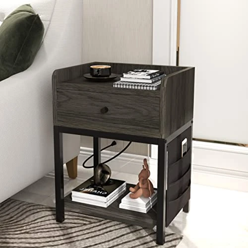 Furniouse End Table With Charging Station,Sofa Side Table With USB Ports And Outlets,Nightstand Sofa Table With Drawer And Side Pocketfor Living Room, Study, Bedroom, Industrial(Gray) 3 Furniouse End Table With Charging Station,Sofa Side Table With USB Ports And Outlets,Nightstand Sofa Table With Drawer And Side Pocketfor Living Room, Study, Bedroom, Industrial(Gray) - Image 3