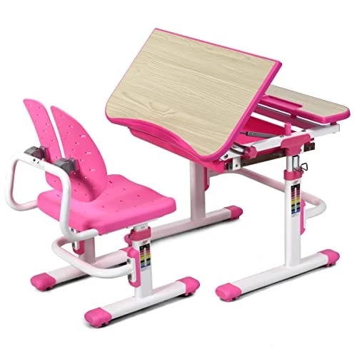 ARLIME Kids Desk And Chair Set, Height Adjustable Children Study Desk W/Tilt Desktop, Pull Out Storage Drawer & Metal Hook, Kids Study Desk And Chair Set For Boys & Girls (Pink) 1 ARLIME Kids Desk And Chair Set, Height Adjustable Children Study Desk W/Tilt Desktop, Pull Out Storage Drawer & Metal Hook, Kids Study Desk And Chair Set For Boys & Girls (Pink)