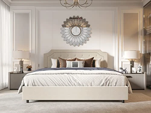 Queen Size Bed Frame Upholstered Low Profile Traditional Platform With Tufted And Nail Headboard/No Box Spring Needed/No Bed Skirt Needed/Linen Fabric Upholstery/Color Of Sand 1 Queen Size Bed Frame Upholstered Low Profile Traditional Platform With Tufted And Nail Headboard/No Box Spring Needed/No Bed Skirt Needed/Linen Fabric Upholstery/Color Of Sand