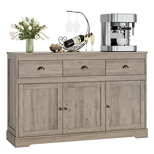 Keyluv Buffet Cabinet Storage Kitchen Cabinet Sideboard Farmhouse Buffet Server Bar Wine Cabinet With 3 Drawers & 3 Doors Adjustable Shelves Console Table For Dining Living Room Cupboard, Grey Wash 1 Keyluv Buffet Cabinet Storage Kitchen Cabinet Sideboard Farmhouse Buffet Server Bar Wine Cabinet With 3 Drawers & 3 Doors Adjustable Shelves Console Table For Dining Living Room Cupboard, Grey Wash