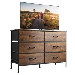 Wide Dresser With 6 Drawers, TV Stand For 50" TV, Entertainment Center With Metal Frame, Wooden Top, Fabric Storage Dresser For Bedroom, Hallway, Entryway, Rustic Brown Wood Grain Print