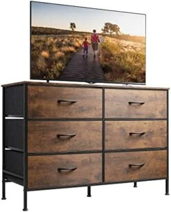 Wide Dresser With 6 Drawers, TV Stand For 50" TV, Entertainment Center With Metal Frame, Wooden Top, Fabric Storage Dresser For Bedroom, Hallway, Entryway, Rustic Brown Wood Grain Print -Best Furniture Store 41ERY6T1ytL. AC