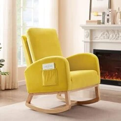 Setawix Rocking Chair For Nursery, Midcentury Modern Accent Rocker Armchair With Side Pocket, Upholstered High Back Wooden Rocking Chair For Living Room Baby Room Bedroom (Yellow - Velvet) -Best Furniture Store 41F2XmodpmL. AC