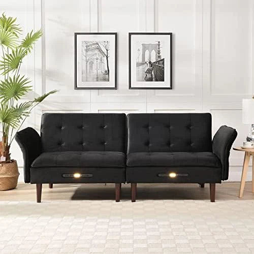 Charging Futon Sofa Bed, Velvet Convertible Sleeper Sofa Tufted Upholstered Couch With Adjustable Backrest & Armrest, Modern Accent Loveseat USB Chargeable Couch Bed For Home Living Room (Black) 5 Charging Futon Sofa Bed, Velvet Convertible Sleeper Sofa Tufted Upholstered Couch With Adjustable Backrest & Armrest, Modern Accent Loveseat USB Chargeable Couch Bed For Home Living Room (Black) - Image 5