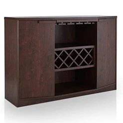 IoHOMES Annadel Contemporary Wine Buffet, Wood Sideboard With Glass Rack, Two Shelved Cabinets And Open Bottom Shelf, Vintage Walnut