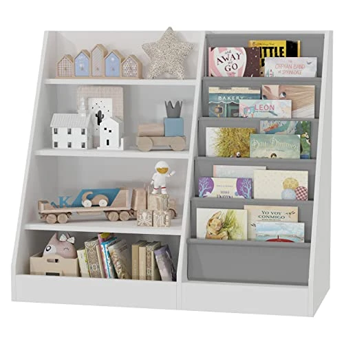 White 4 Tier Kids Wooden Bookshelf, Five Layer Sling Bookcase, Kids Storage Book Rack, Book And Toy Organizer Cabinet, Book Display, For Playroom, Bedroom, Study Living Room, Nursery,Classroom