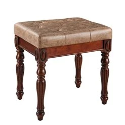 Vanity Bench Stool With Padded Cushion, Piano Bench With Solid Wood Carving Legs, Home Chairs Button Breathing Leather Upholstered Seat, 18.5” X 14.2” X 19.1” Easy Assembly, Yellowish Brown FD1533LT