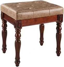 Vanity Bench Stool With Padded Cushion, Piano Bench With Solid Wood Carving Legs, Home Chairs Button Breathing Leather Upholstered Seat, 18.5” X 14.2” X 19.1” Easy Assembly, Yellowish Brown FD1533LT -Best Furniture Store 41FuNCeFbnL. AC