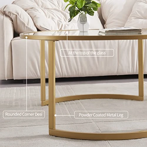 Round Nesting Coffee Table Set Of 2, Modern Side Tables With Sturdy Metal Frame And Tempered Glass, Minimalist End Table, Cocktail Table For Dining Room, Living Room, Home Decor (Gold) 4 Round Nesting Coffee Table Set Of 2, Modern Side Tables With Sturdy Metal Frame And Tempered Glass, Minimalist End Table, Cocktail Table For Dining Room, Living Room, Home Decor (Gold) - Image 4