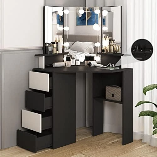 Corner Vanity Desk With Lighted Mirror & Power Strip,White Makeup Vanity Table With Lights,42 Inch Corner Vanity Mirror With Lights And 4 Drawer, 3 Lighting Modes, Brightness Adjustable 8 Corner Vanity Desk With Lighted Mirror & Power Strip,White Makeup Vanity Table With Lights,42 Inch Corner Vanity Mirror With Lights And 4 Drawer, 3 Lighting Modes, Brightness Adjustable - Image 8