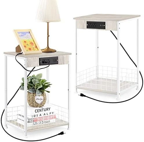 Smusei Nightstand Set Of 2 Bedroom Small End Table With Charging Station For Small Spaces 2 Tier Farmhouse Night Stands Bedside Tables With Storage Basket For Living Room 5 Smusei Nightstand Set Of 2 Bedroom Small End Table With Charging Station For Small Spaces 2 Tier Farmhouse Night Stands Bedside Tables With Storage Basket For Living Room - Image 5