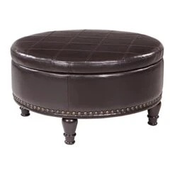 OSP Home Furnishings Augusta Round Storage Ottoman With Decorative Nailheads And Flip Over Lid With Serving Tray Surface, Espresso Faux Leather