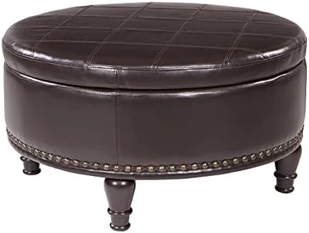 OSP Home Furnishings Augusta Round Storage Ottoman With Decorative Nailheads And Flip Over Lid With Serving Tray Surface, Espresso Faux Leather 7 OSP Home Furnishings Augusta Round Storage Ottoman With Decorative Nailheads And Flip Over Lid With Serving Tray Surface, Espresso Faux Leather - Image 7