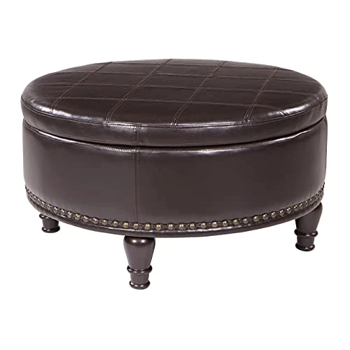 OSP Home Furnishings Augusta Round Storage Ottoman With Decorative Nailheads And Flip Over Lid With Serving Tray Surface, Espresso Faux Leather 1 OSP Home Furnishings Augusta Round Storage Ottoman With Decorative Nailheads And Flip Over Lid With Serving Tray Surface, Espresso Faux Leather
