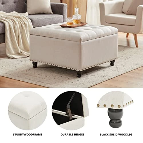 Tbfit Large Square Storage Ottoman Bench, Tufted Upholstered Coffee Table Ottoman With Storage, Oversized Storage Ottomans Toy Box Footrest For Living Room, Cream Beige 6 Tbfit Large Square Storage Ottoman Bench, Tufted Upholstered Coffee Table Ottoman With Storage, Oversized Storage Ottomans Toy Box Footrest For Living Room, Cream Beige - Image 6